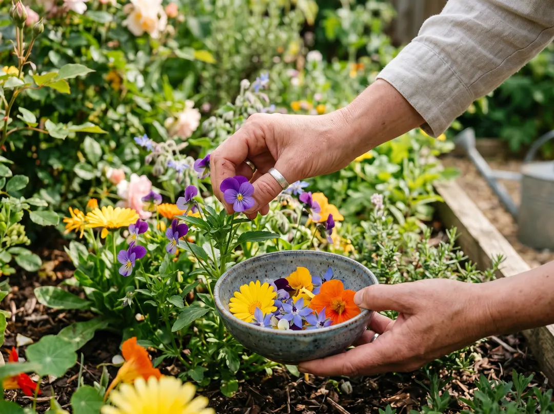 Main cueillant des fleurs comestibles dans un petit bol au jardin
