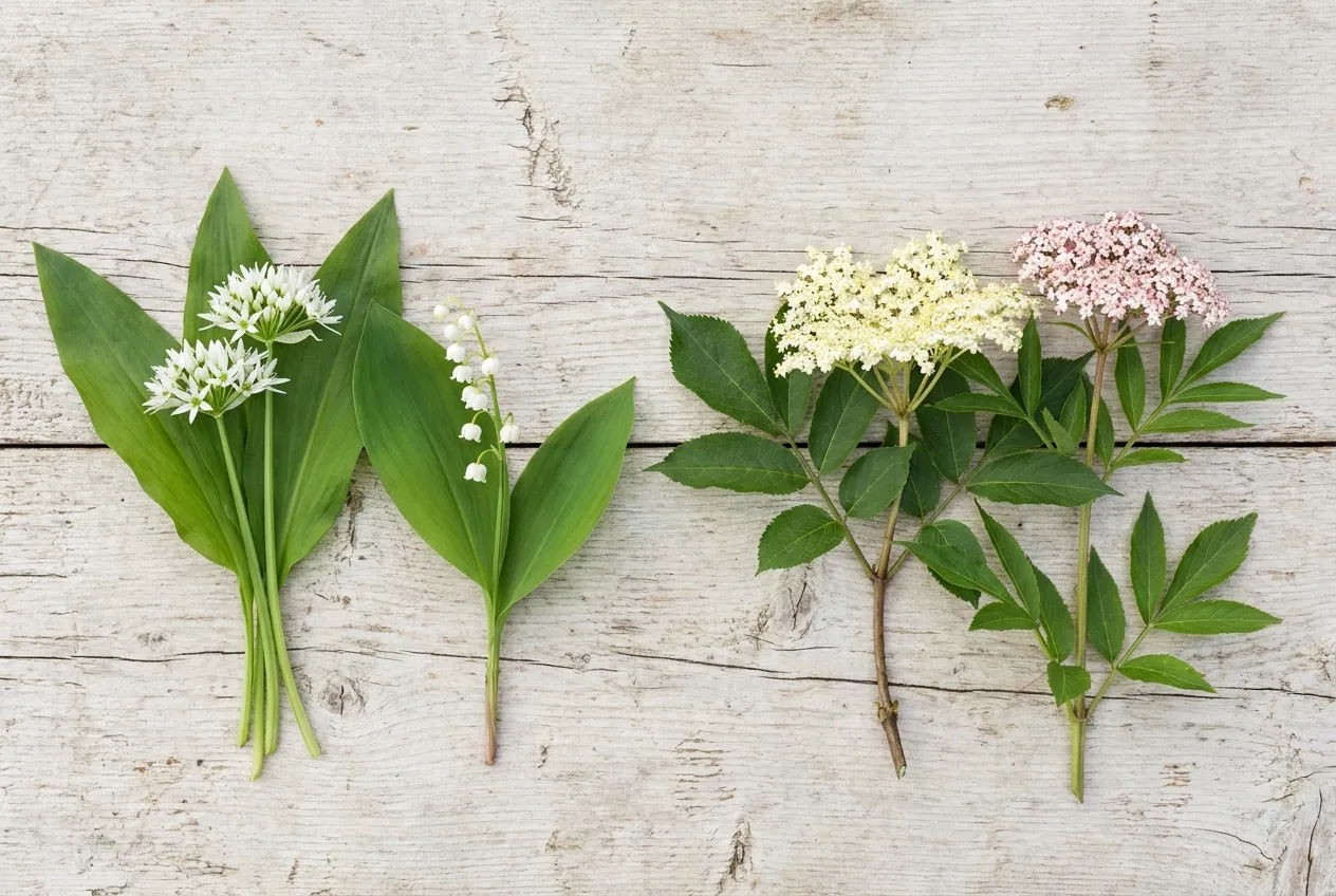 Planche comparative de fleurs comestibles et de leurs sosies toxiques : ail des ours et muguet, sureau noir et sureau hièble