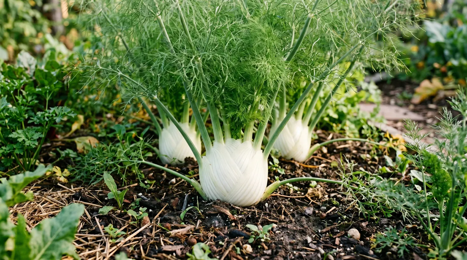 Bulbes de fenouil bulbeux poussant au potager avec leur feuillage plumeux vert