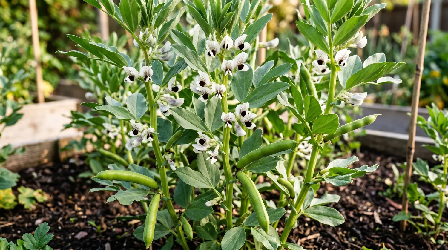 Plants de fèves au potager avec fleurs blanches et noires et cosses vertes