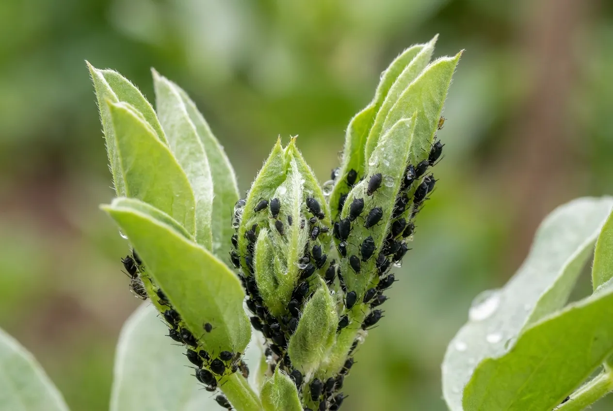 Colonie de pucerons noirs agglutinés sur la tête de tige d'un plant de fève
