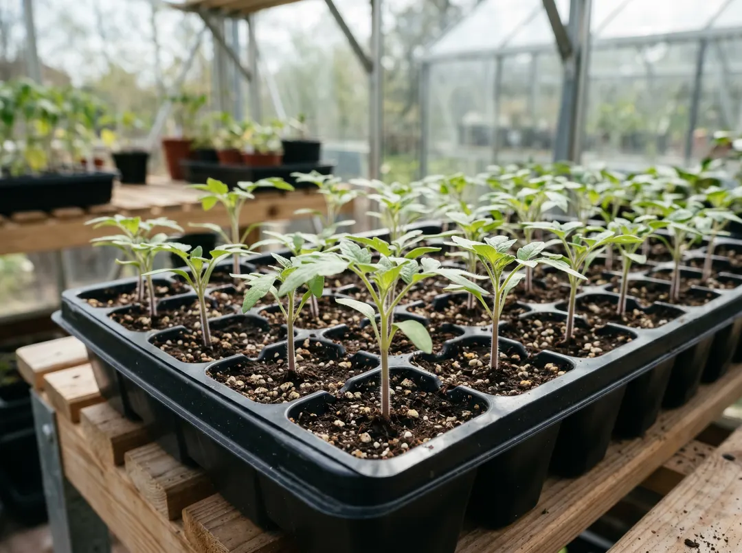 Semis sains bien espacés dans une plaque propre, à l’air et à la lumière