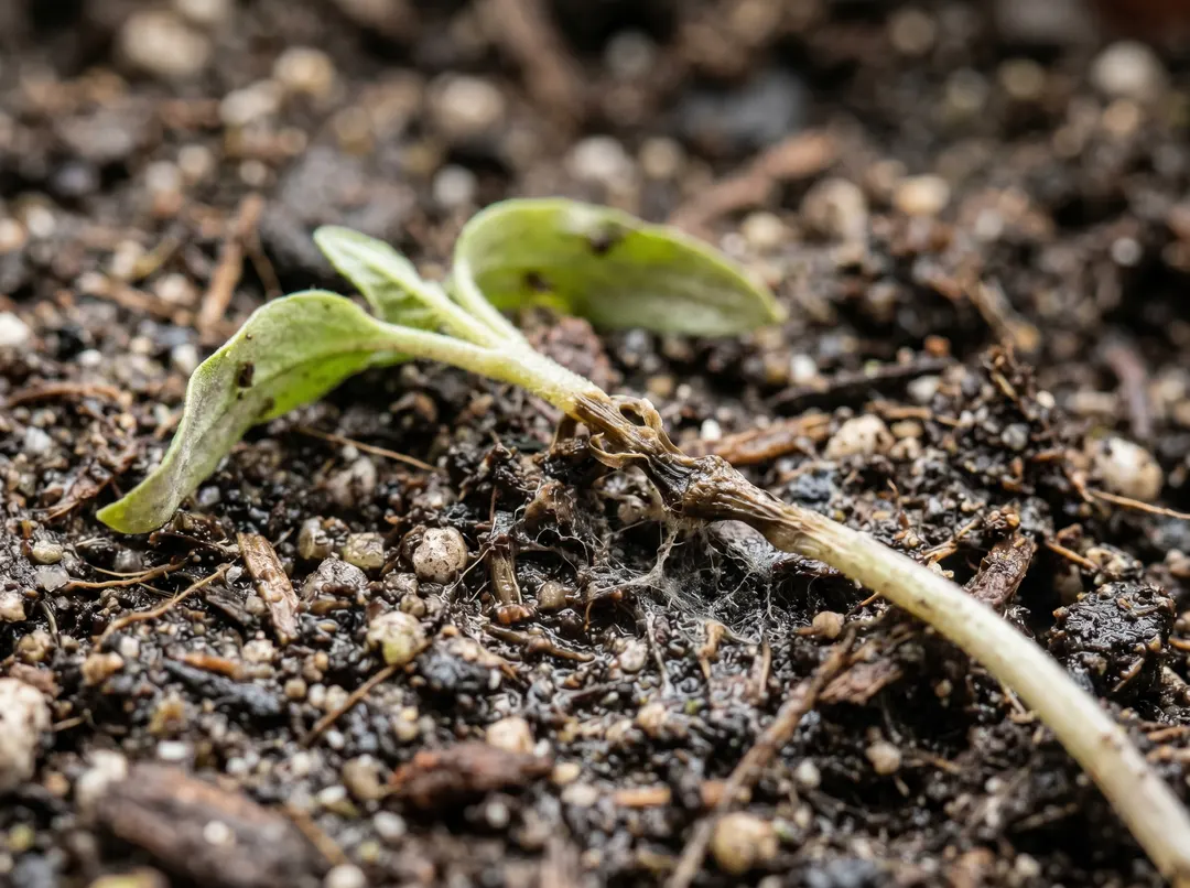 Tige d’une plantule étranglée et pourrie au niveau du collet, symptôme de la fonte
