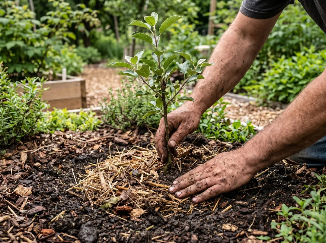 Plantation d'un jeune arbre fruitier paillé pour créer une forêt comestible