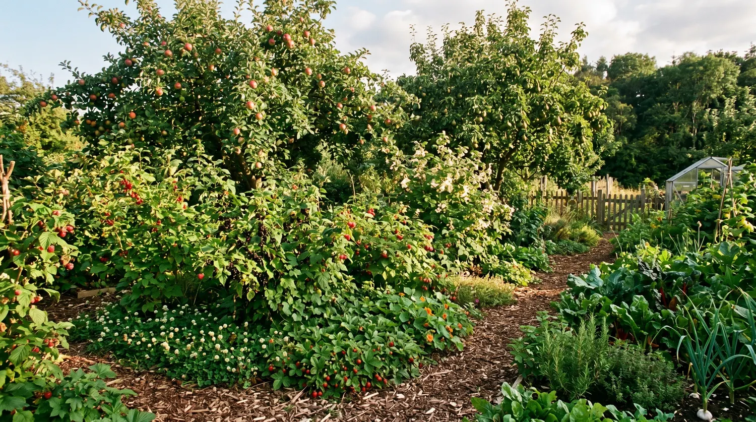 Jardin-forêt avec ses strates : arbres fruitiers, arbustes à baies et couvre-sols