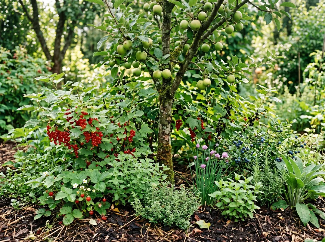 Plantation en strates : petit arbre fruitier, arbustes à baies et herbes en dessous