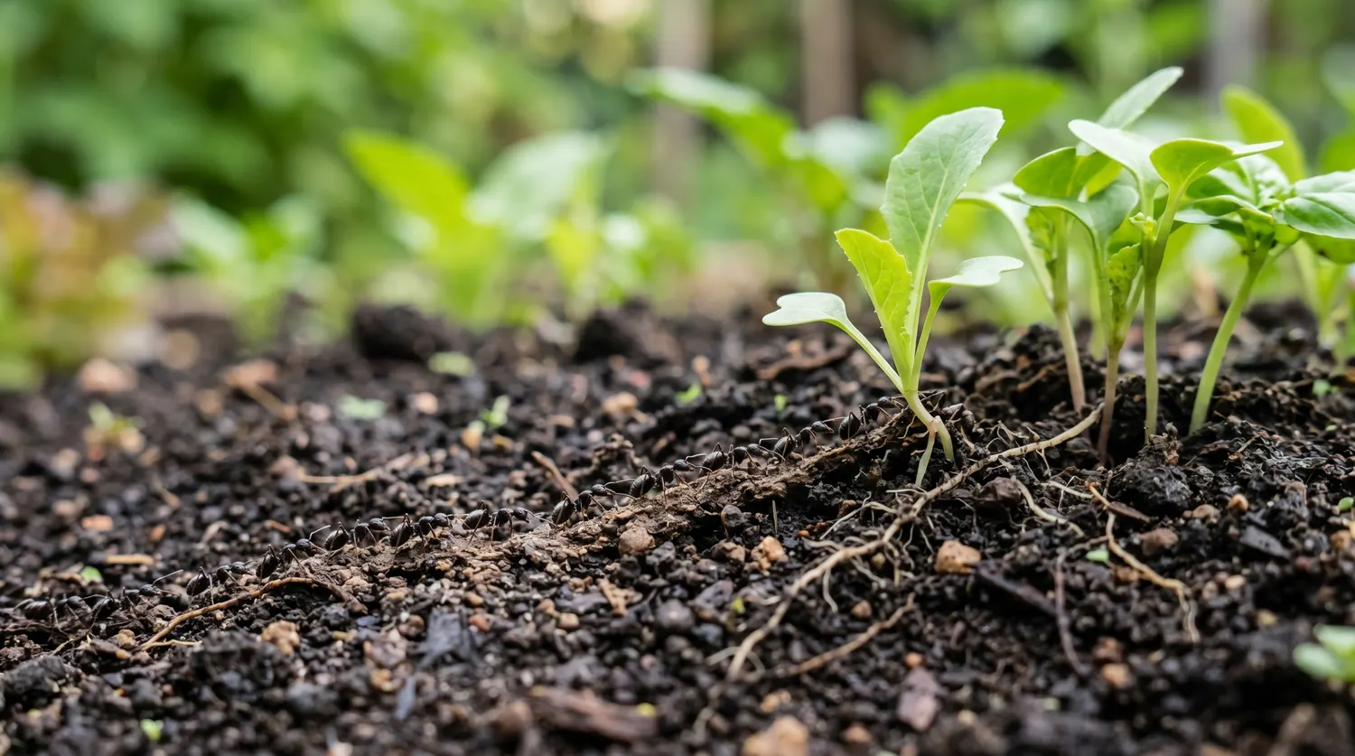 File de fourmis noires traversant la terre au pied de jeunes plants du potager