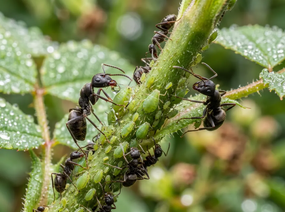 Fourmis noires protégeant une colonie de pucerons verts sur une tige