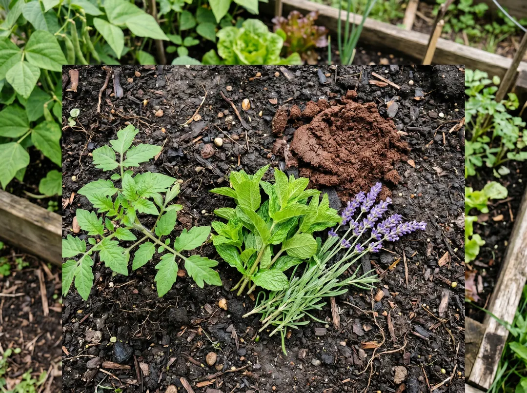 Lavande, menthe et marc de café disposés sur la terre près d’un plant de légume