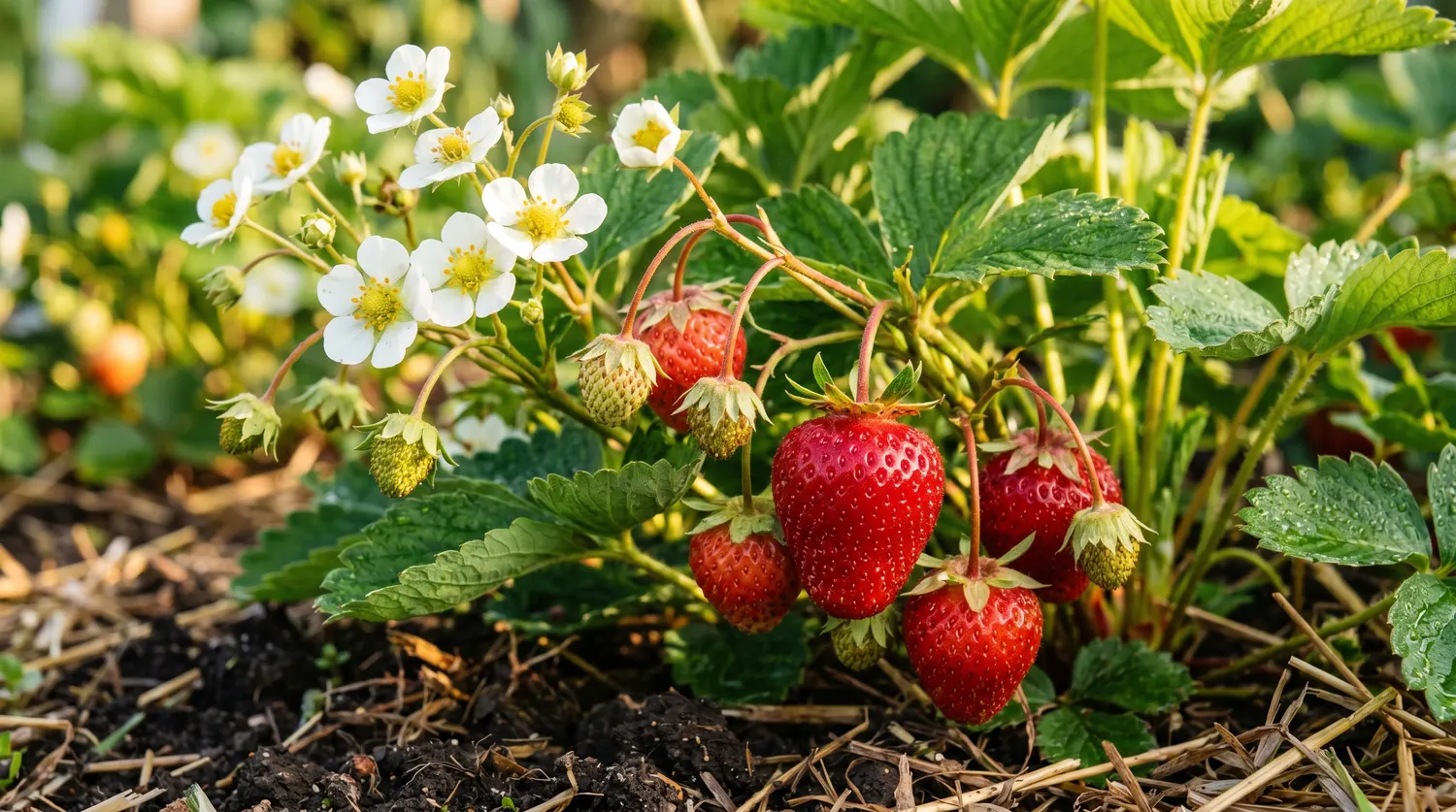 Fraisier en pleine production avec fraises rouges, fleurs blanches et feuilles vertes