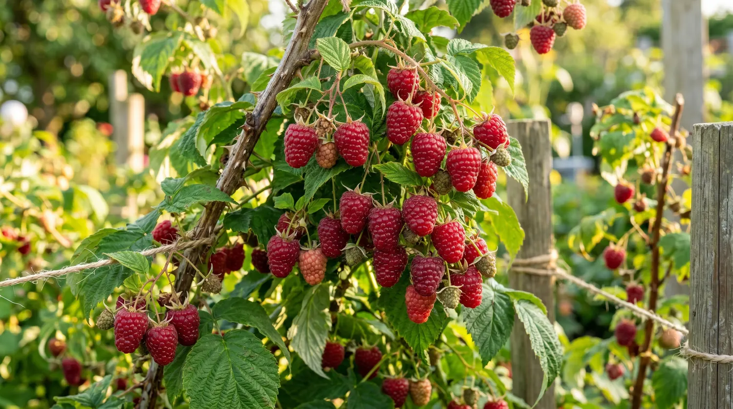 Canne de framboisier chargée de framboises rouges mûres au jardin