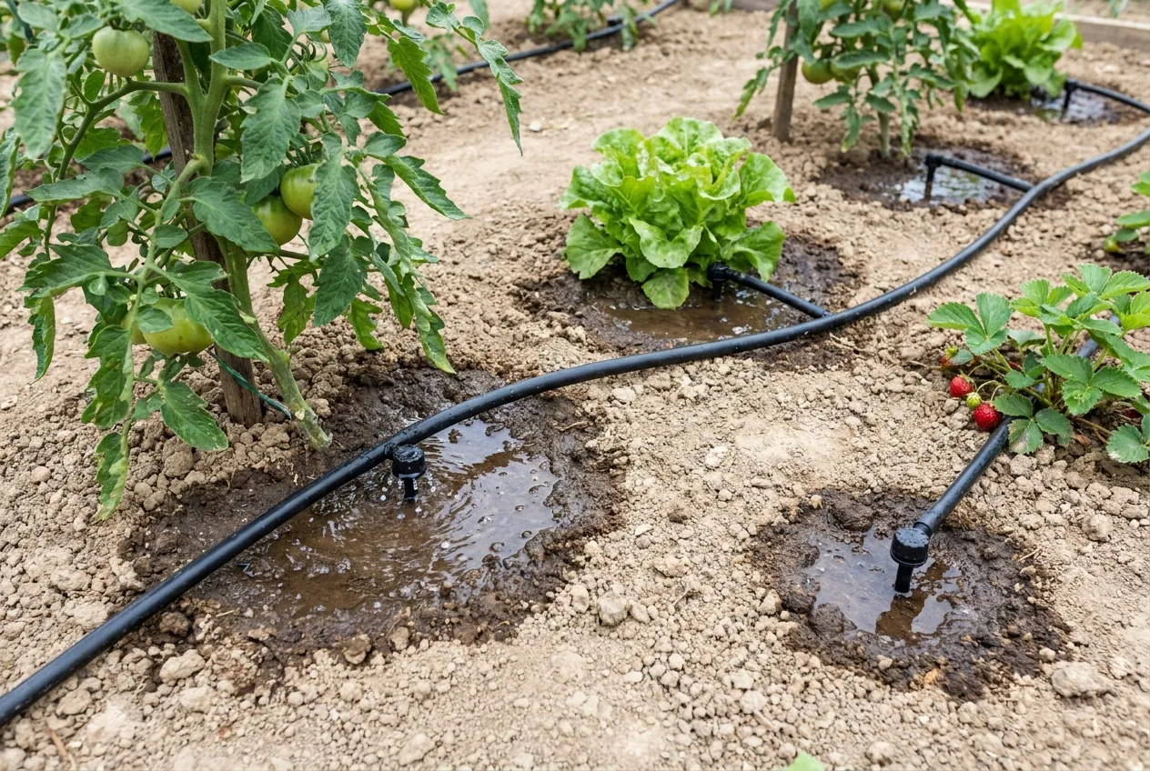 Zones humides laissées par les goutteurs au pied d'une tomate, d'une salade et d'un fraisier, selon la durée d'arrosage