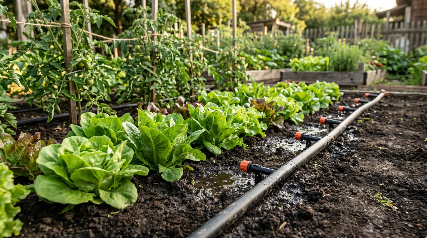 Tuyau de goutte-à-goutte avec goutteurs le long d'une rangée de légumes