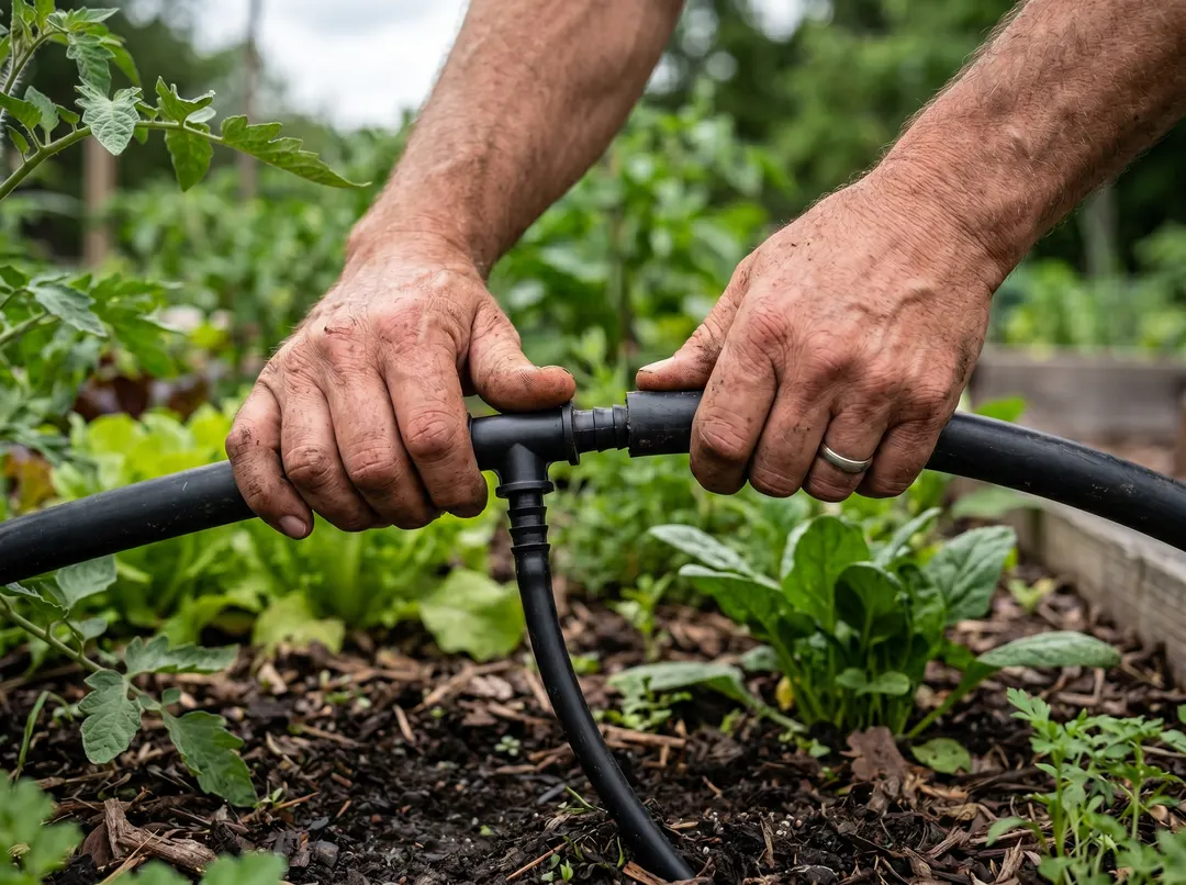 Mains raccordant un tuyau de goutte-à-goutte et ses raccords au potager