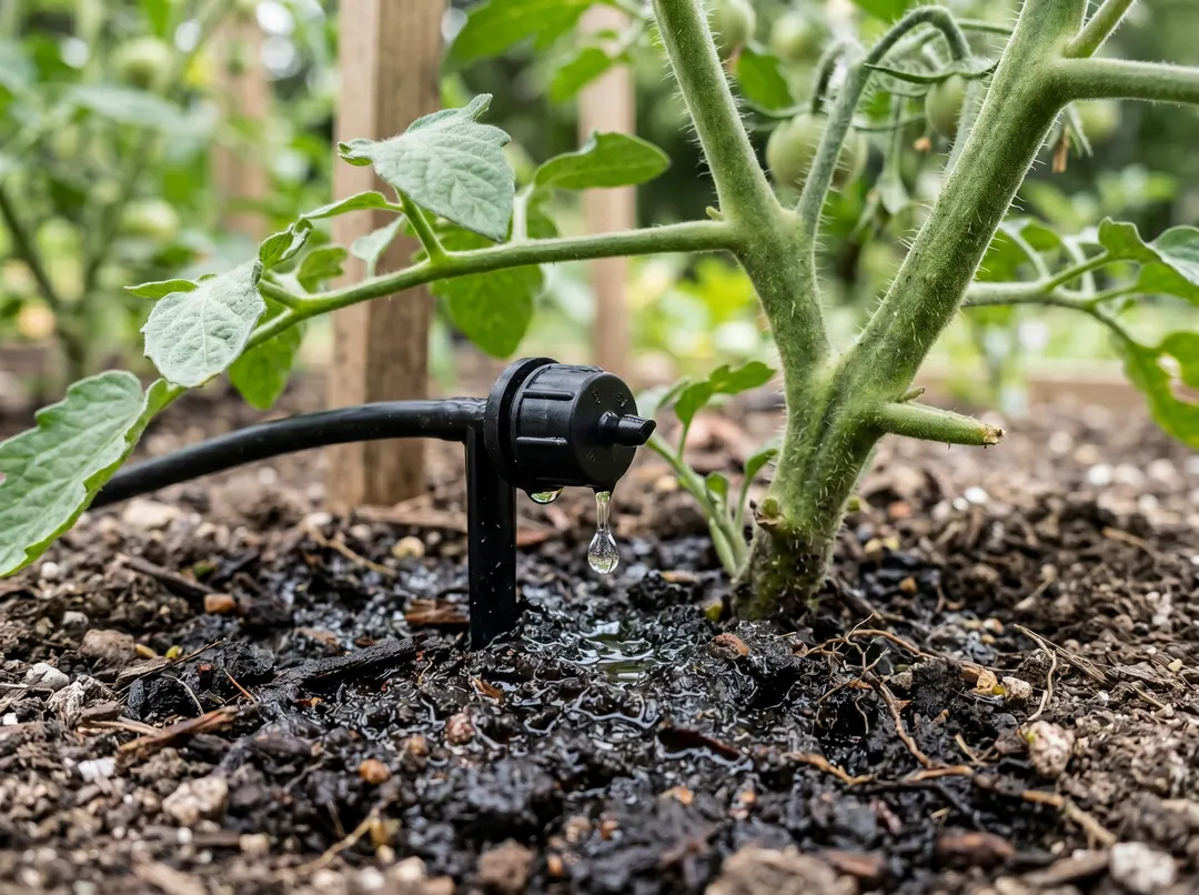 Goutteur délivrant des gouttes au pied d'un plant de tomate