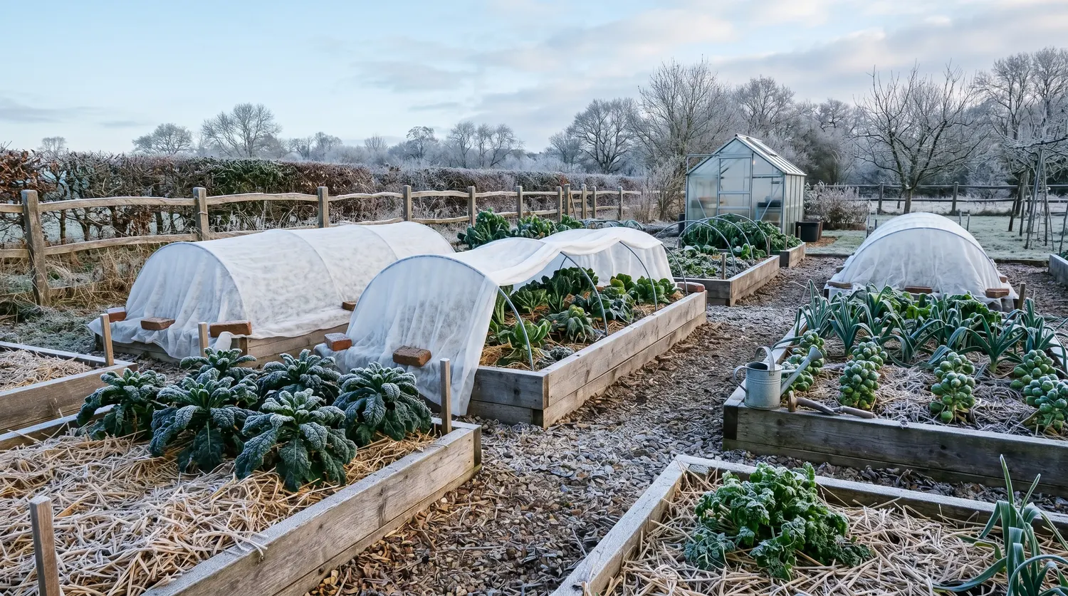 Potager d'hiver aux planches couvertes de paillage et de voile blanc sous une légère gelée