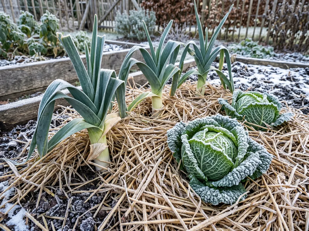 Épais paillage de paille protégeant le pied des poireaux et choux en hiver
