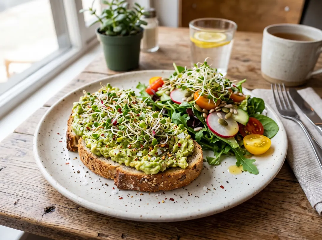 Graines germées fraîches parsemées sur une tartine et une salade santé