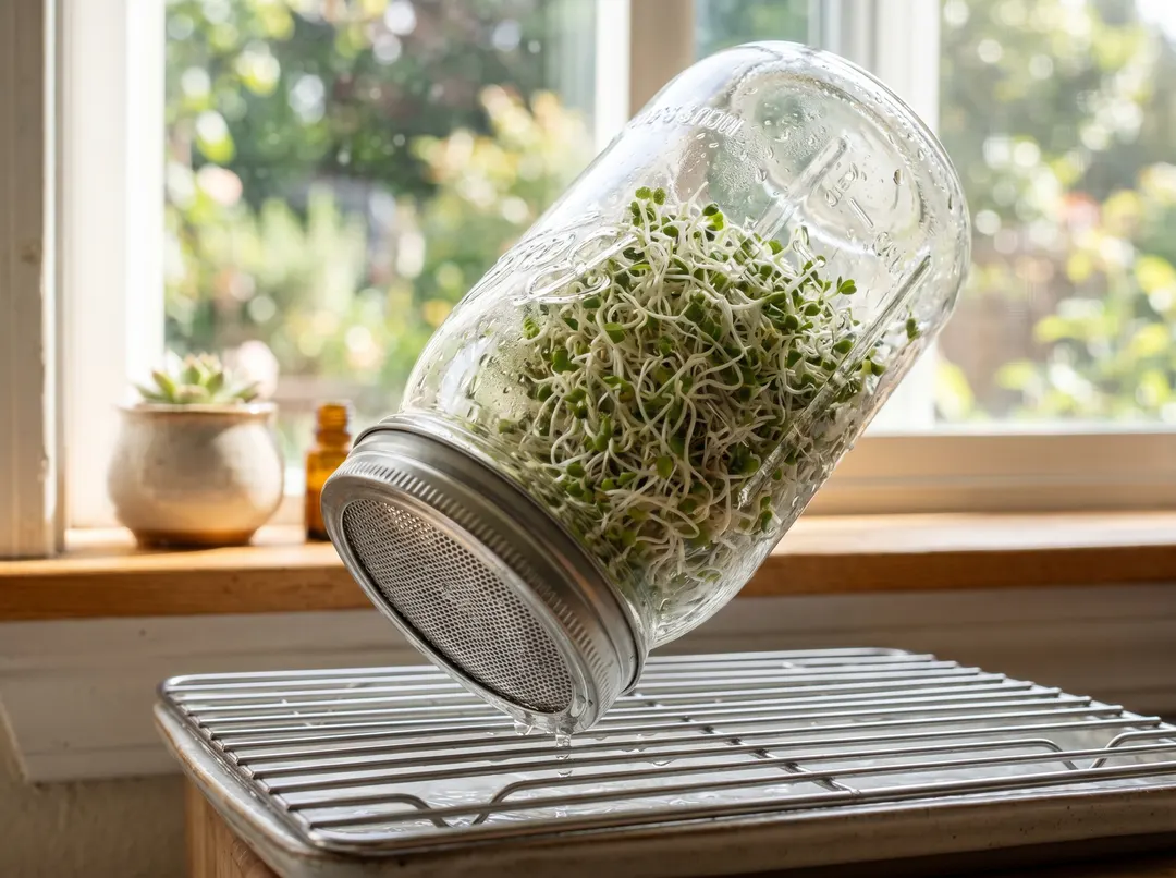 Bocal de germination incliné tête en bas pour égoutter les germes