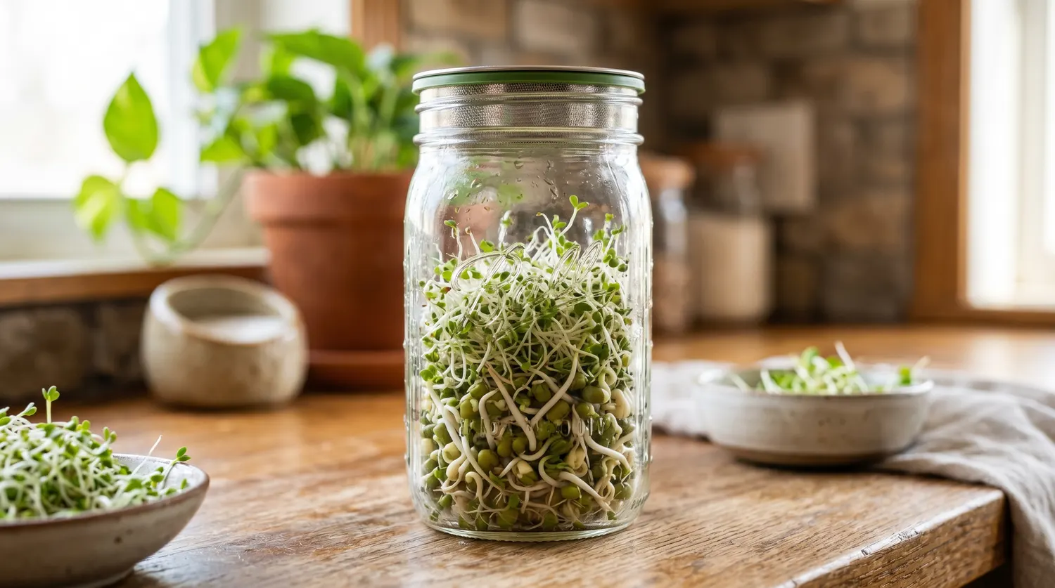 Graines germées fraîches d'alfalfa et de haricot mungo dans un bocal de germination