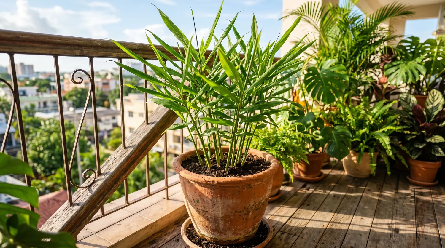 Plant de gingembre aux feuilles vertes en pot sur un balcon lumineux