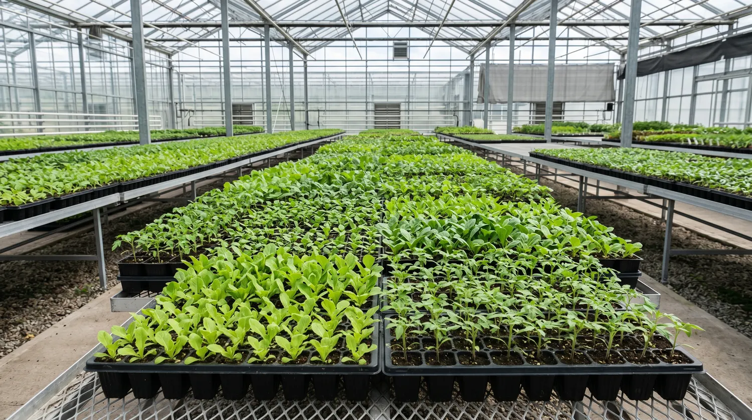 Rangées de godets et plaques alvéolées remplis de jeunes plants de légumes sous une serre