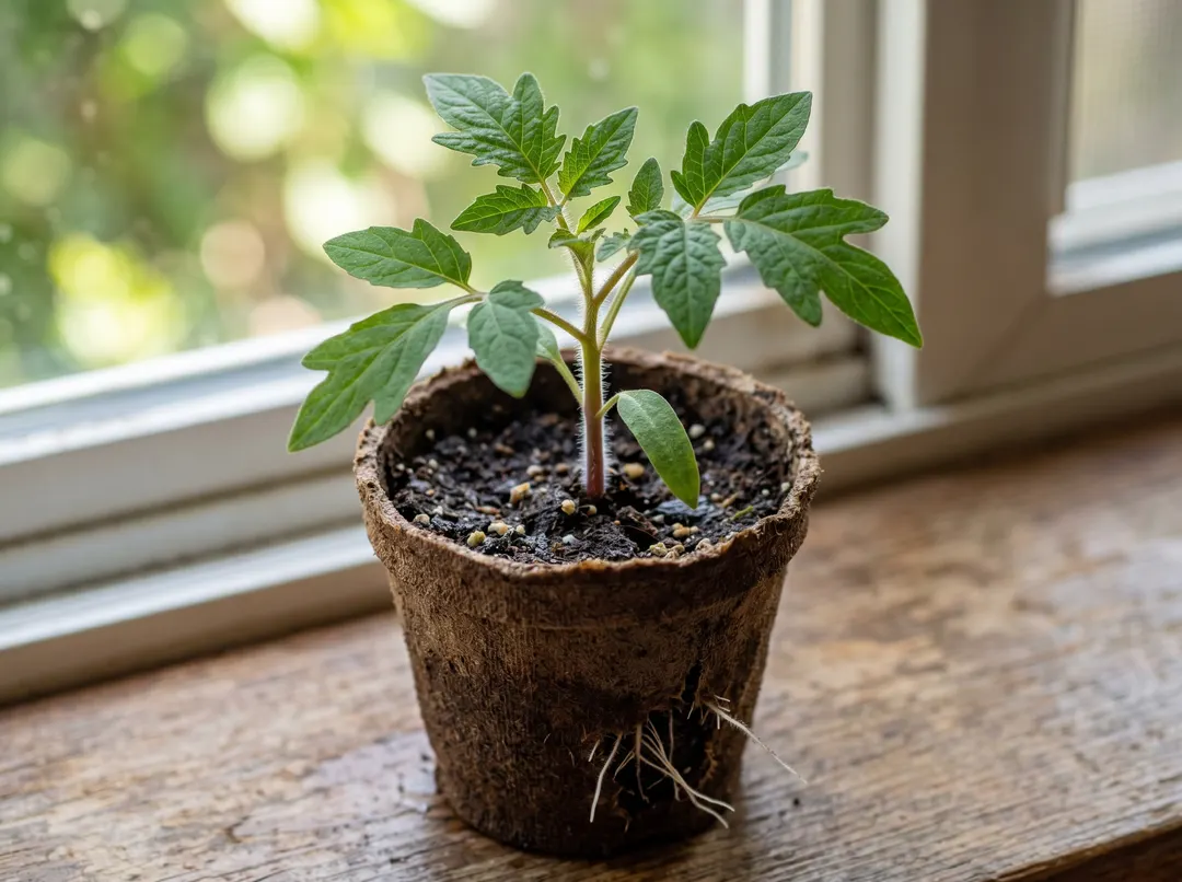 Jeune plant de tomate poussant dans un godet individuel, racines et feuilles vigoureuses