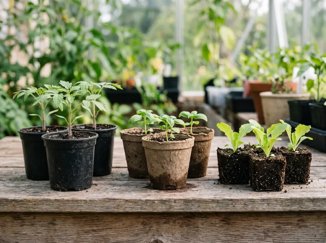 Comparaison de contenants de semis : godets plastique, pots biodégradables en tourbe et mottes pressées