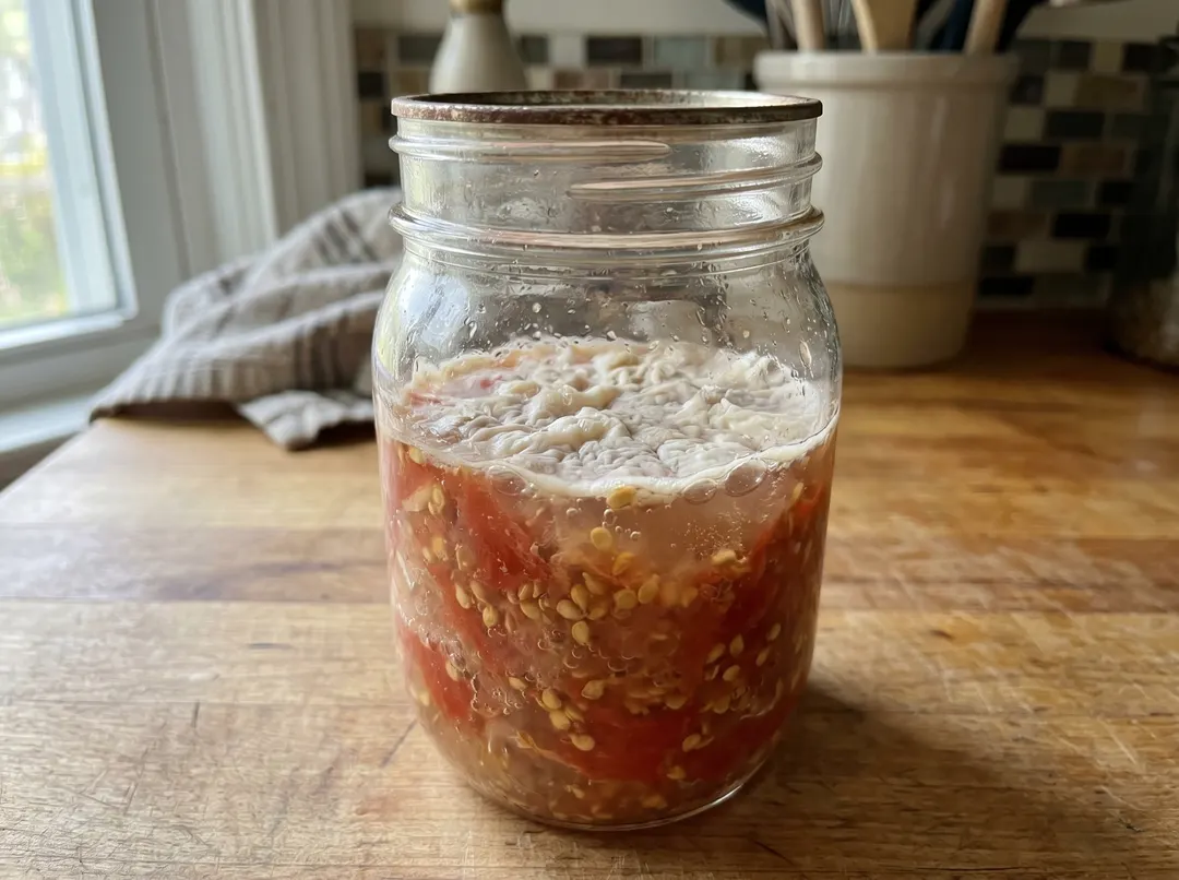 Graines de tomates en fermentation dans un bocal d'eau avec un voile blanc en surface
