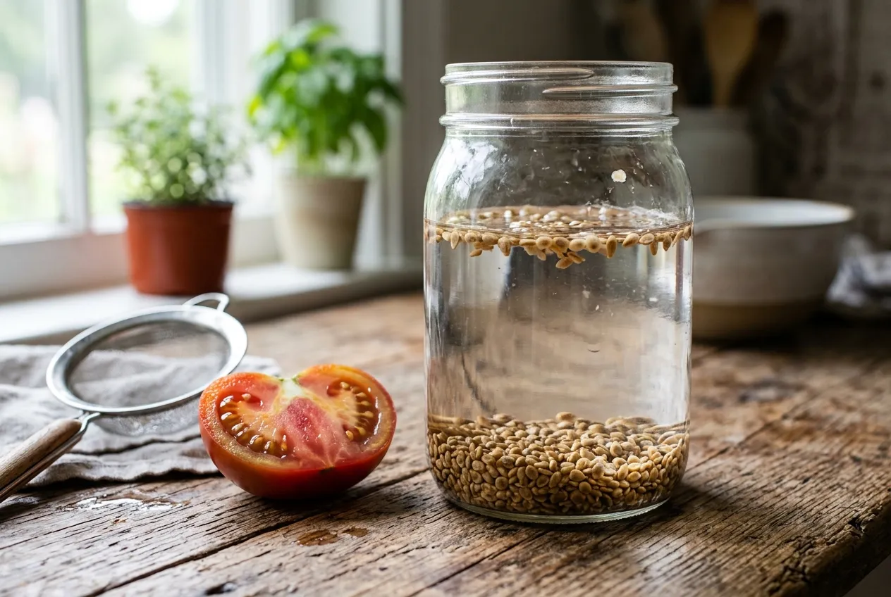 Tri des graines de tomates par flottaison : les graines pleines coulent au fond du verre