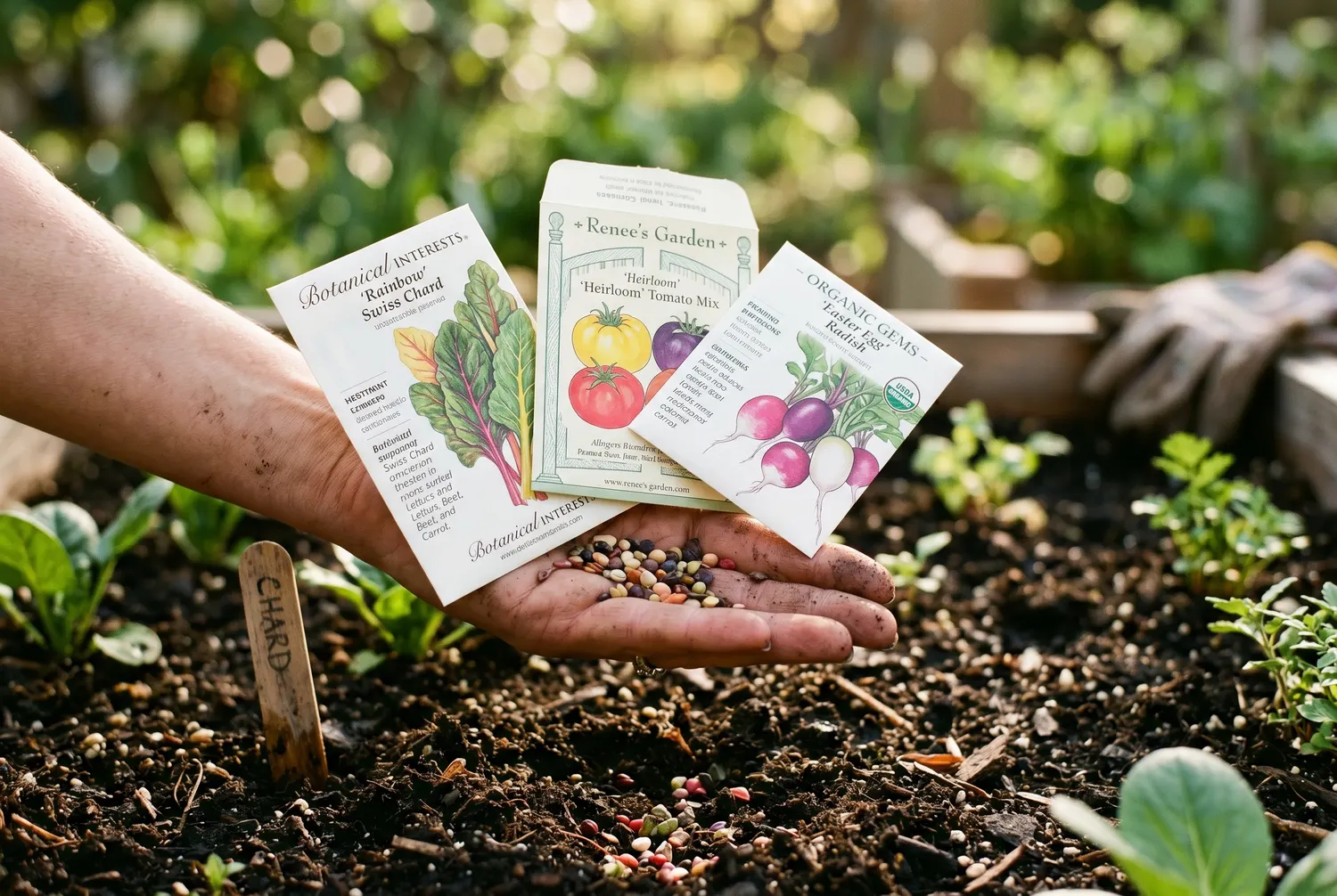 Main tenant des graines de légumes et des sachets au-dessus de la terre du potager