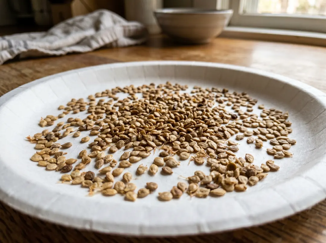 Graines de tomates étalées sur une assiette pour sécher