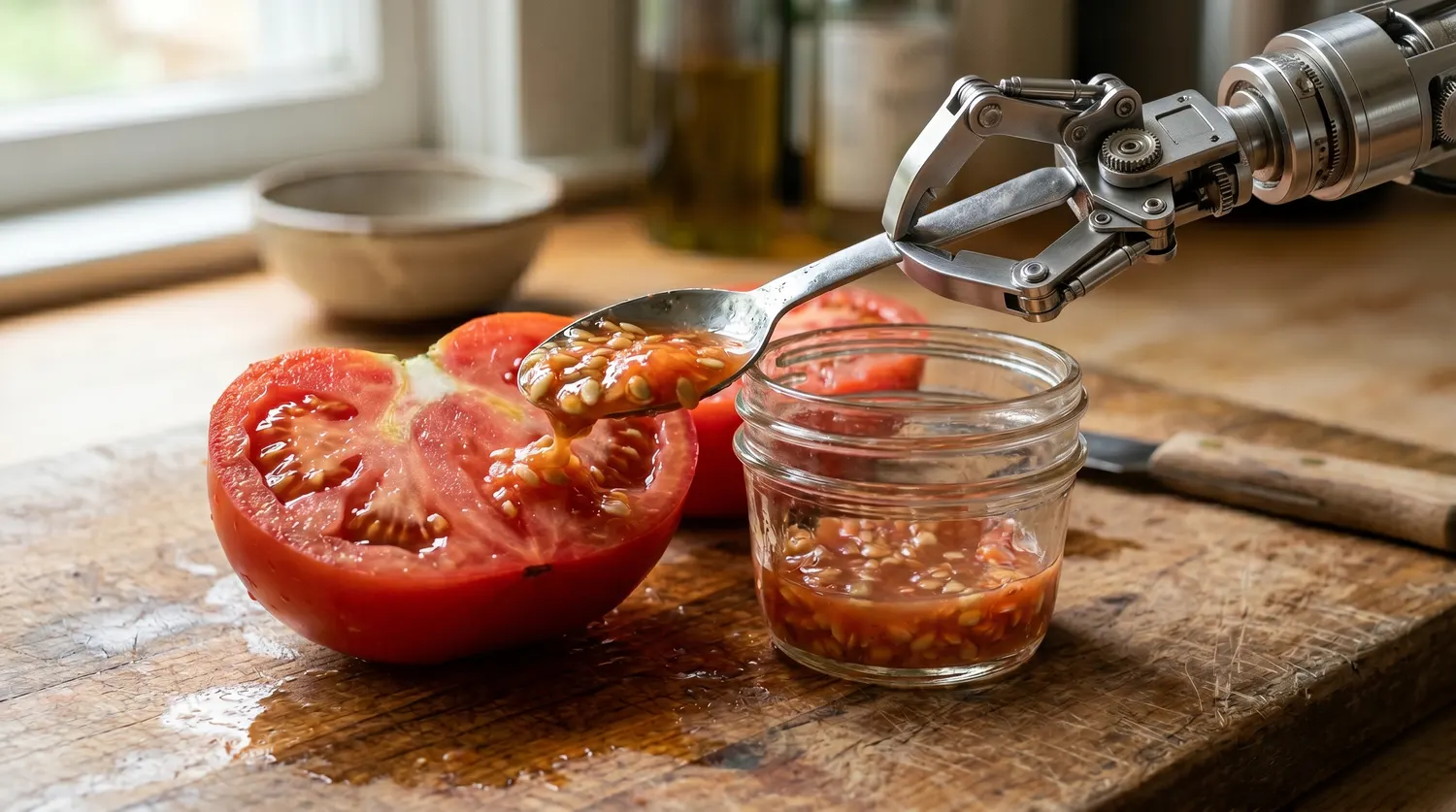 Tomate rouge coupée sur une planche, graines et pulpe prélevées dans un bocal en verre