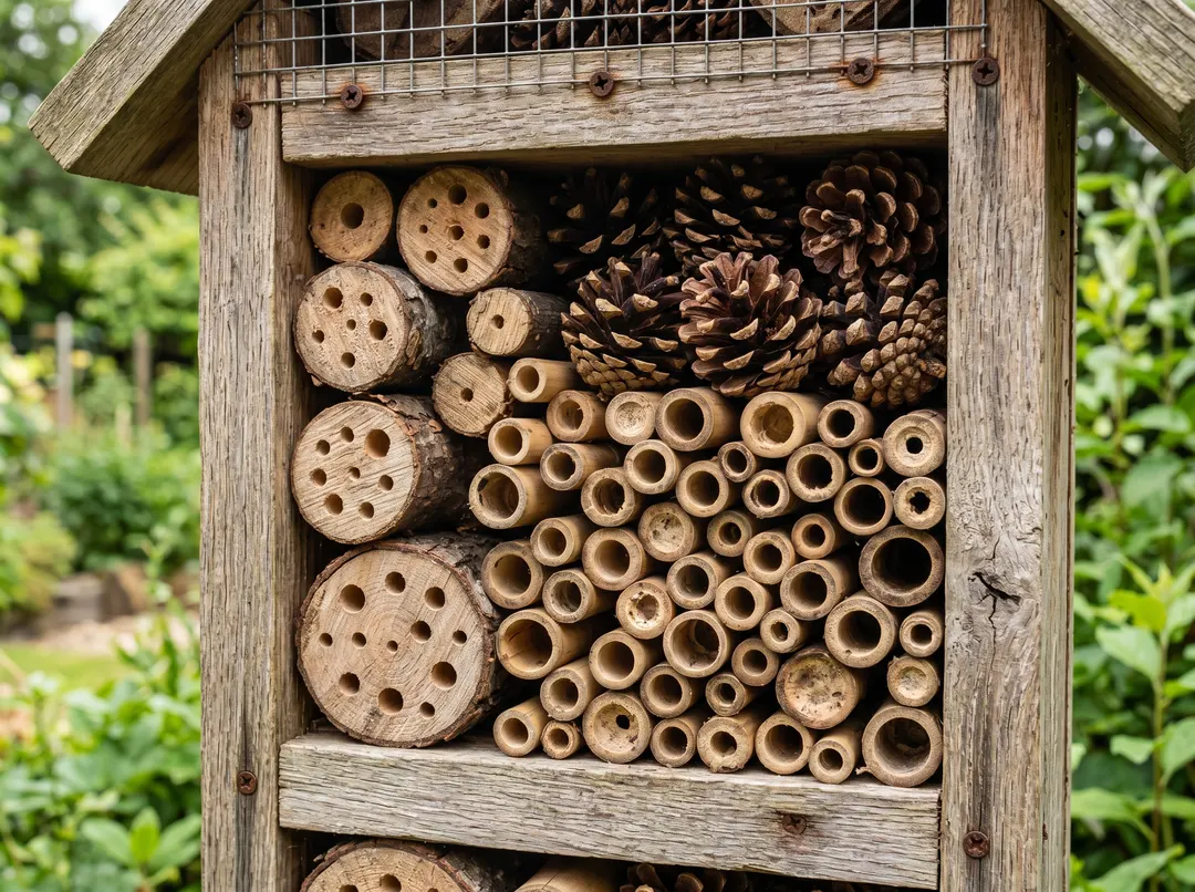 Matériaux naturels pour un hôtel à insectes : bambous creux, bûches percées, pommes de pin