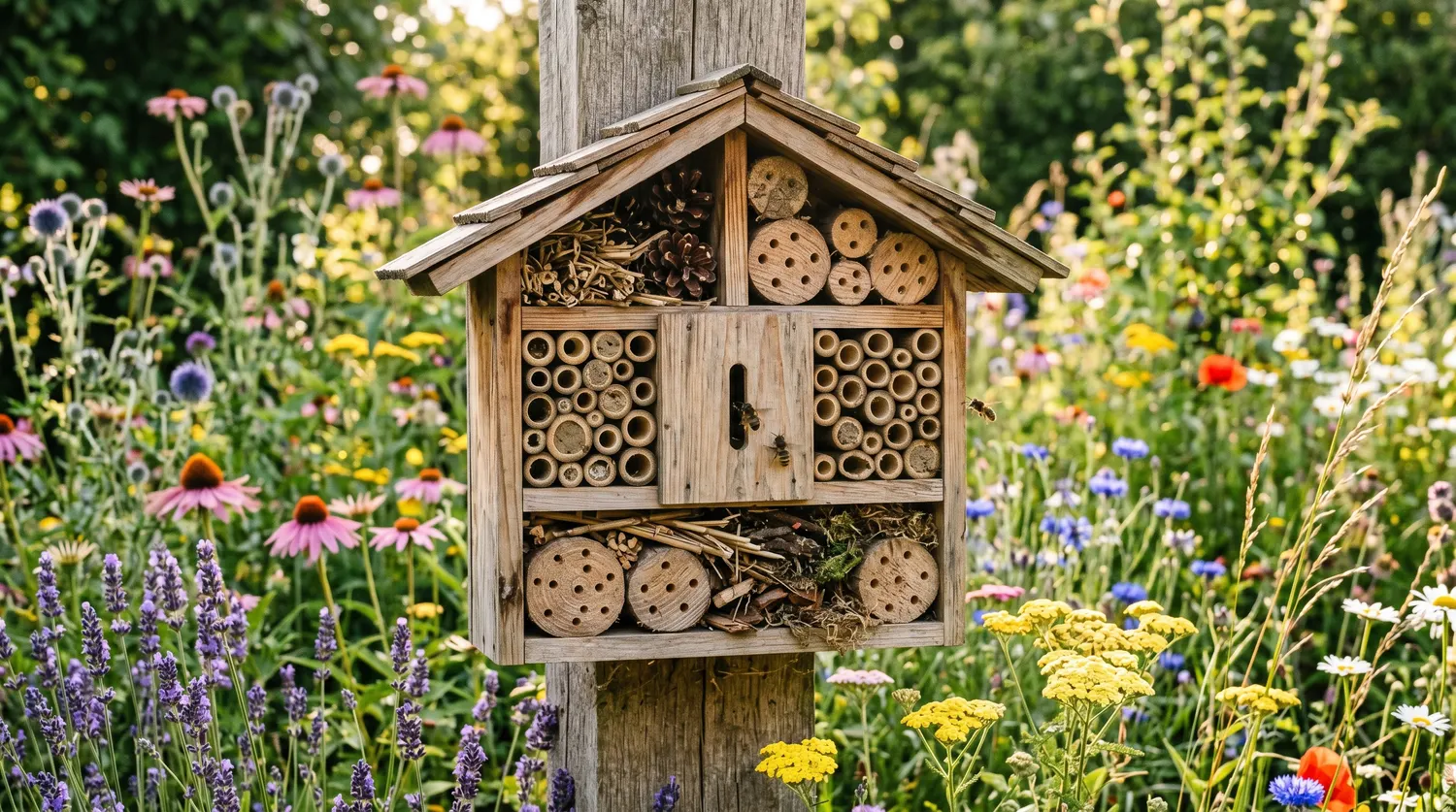 Hôtel à insectes en bois installé dans un jardin fleuri