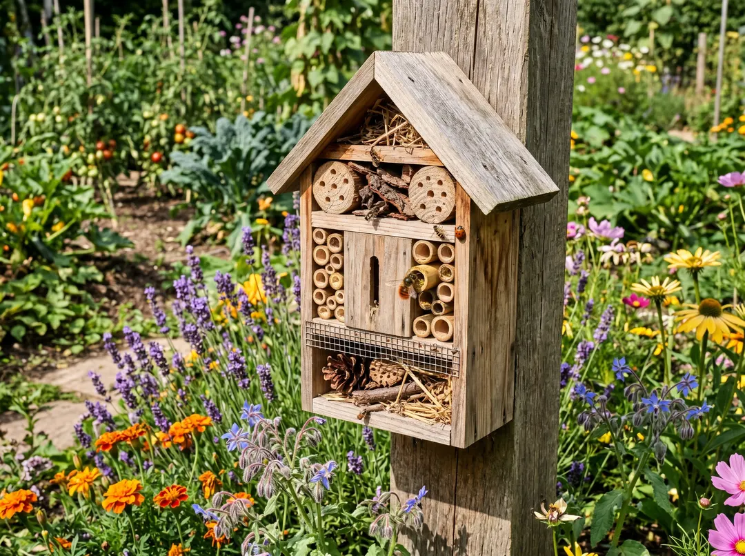 Hôtel à insectes fixé sur un poteau au soleil au bord du potager fleuri