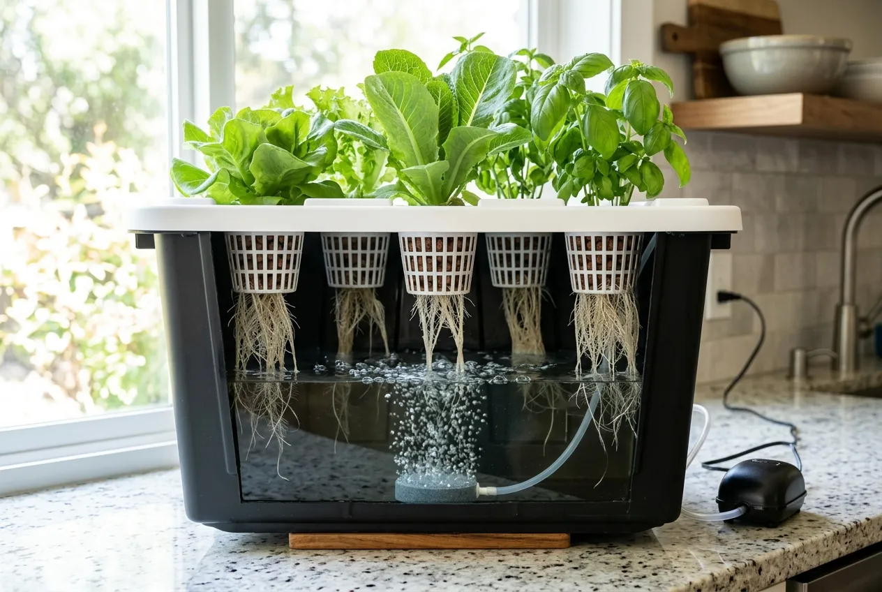 Bac DWC d'hydroponie maison vu en coupe : couvercle percé, pots-paniers et billes d'argile, racines dans la solution nutritive, pompe à air et diffuseur