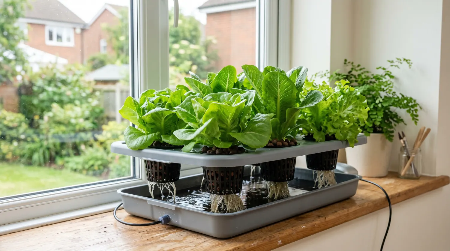 Système d'hydroponie maison avec des salades en pots de culture sur un bac d'eau près d'une fenêtre
