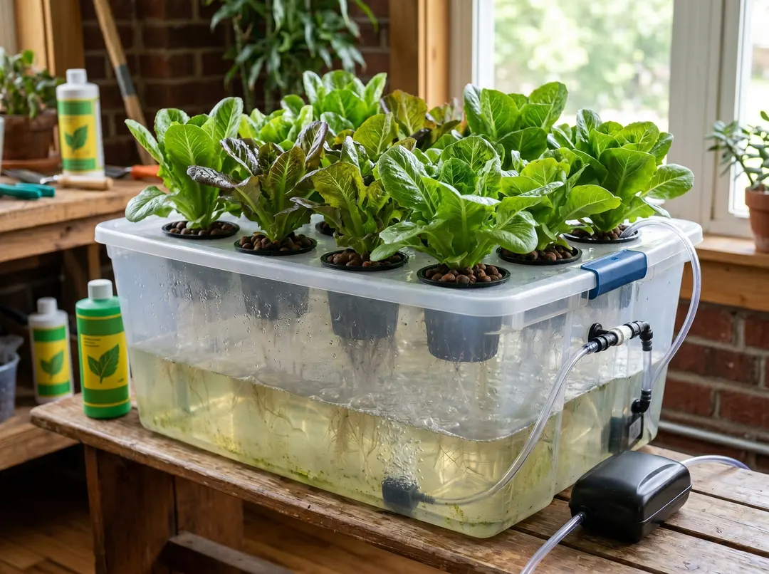 Système d'hydroponie maison fabriqué dans un bac plastique avec pots de culture et salades