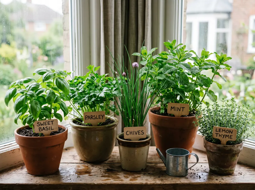 Herbes aromatiques cultivées en pots sur un rebord de fenêtre : basilic, persil, ciboulette, menthe