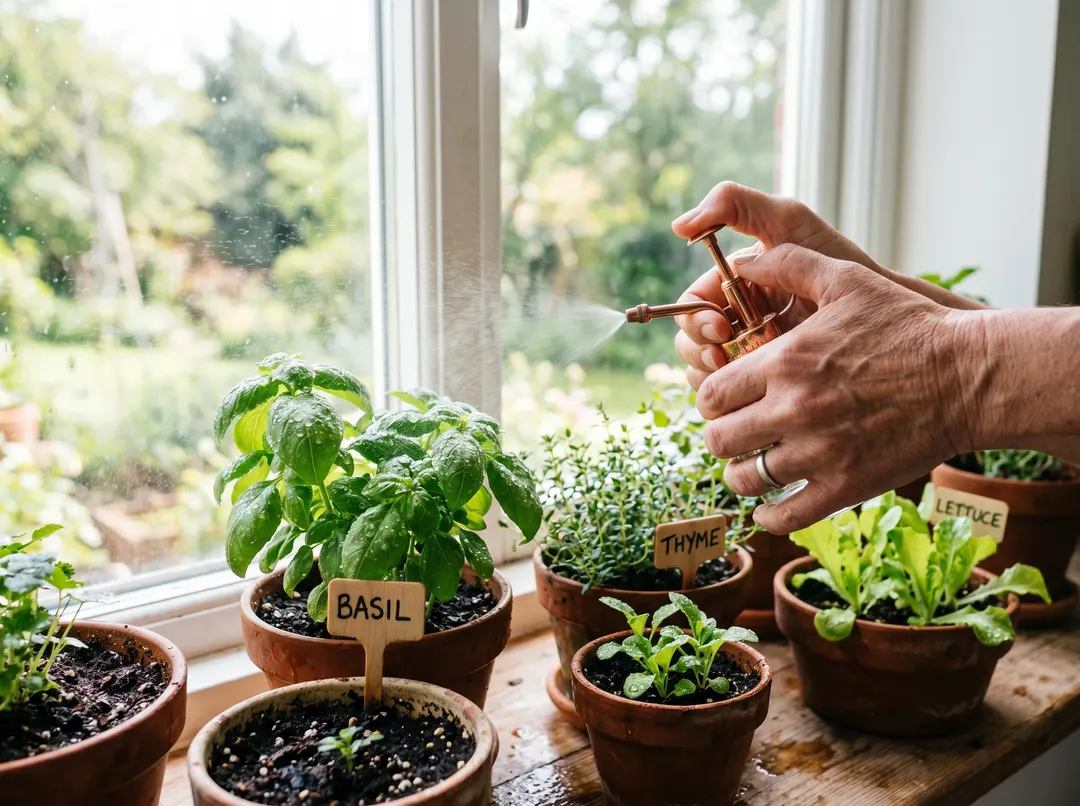 Main arrosant de petits plants de légumes en pots près d’une fenêtre