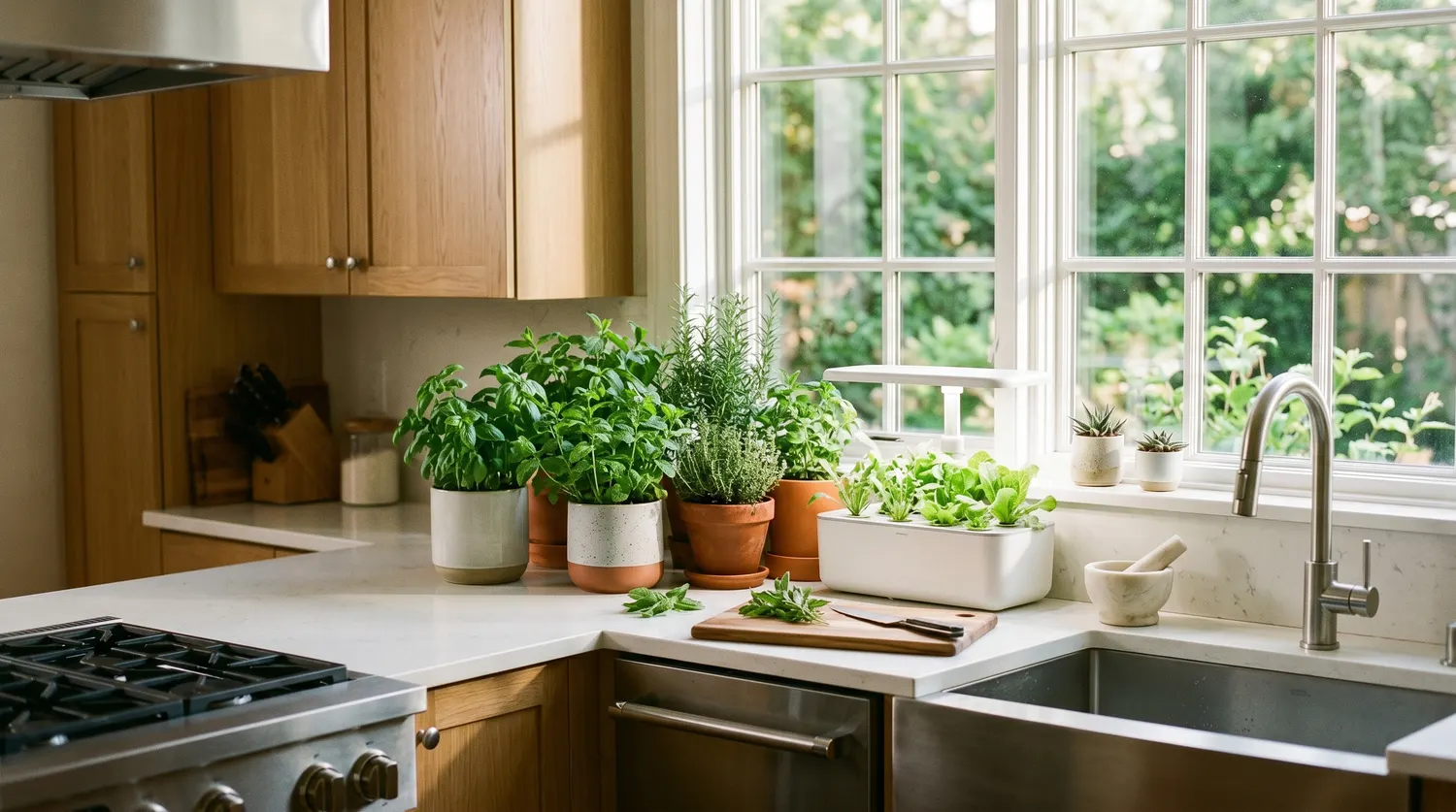 Potager d’intérieur dans une cuisine lumineuse avec herbes et pousses en pots près d’une fenêtre