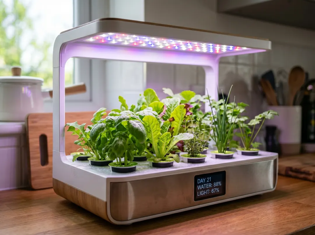 Potager d’intérieur connecté avec éclairage LED horticole sur de jeunes plants