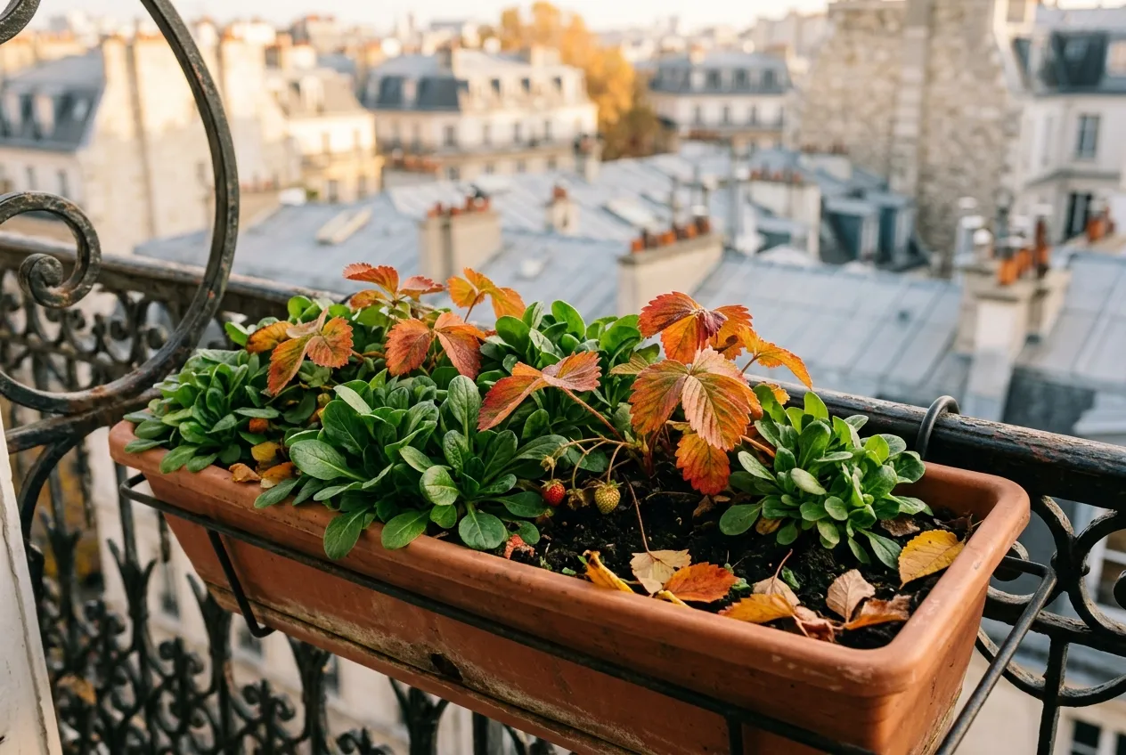 Jardinière d'automne garnie de mâche et de fraisiers accrochée à une rambarde de balcon