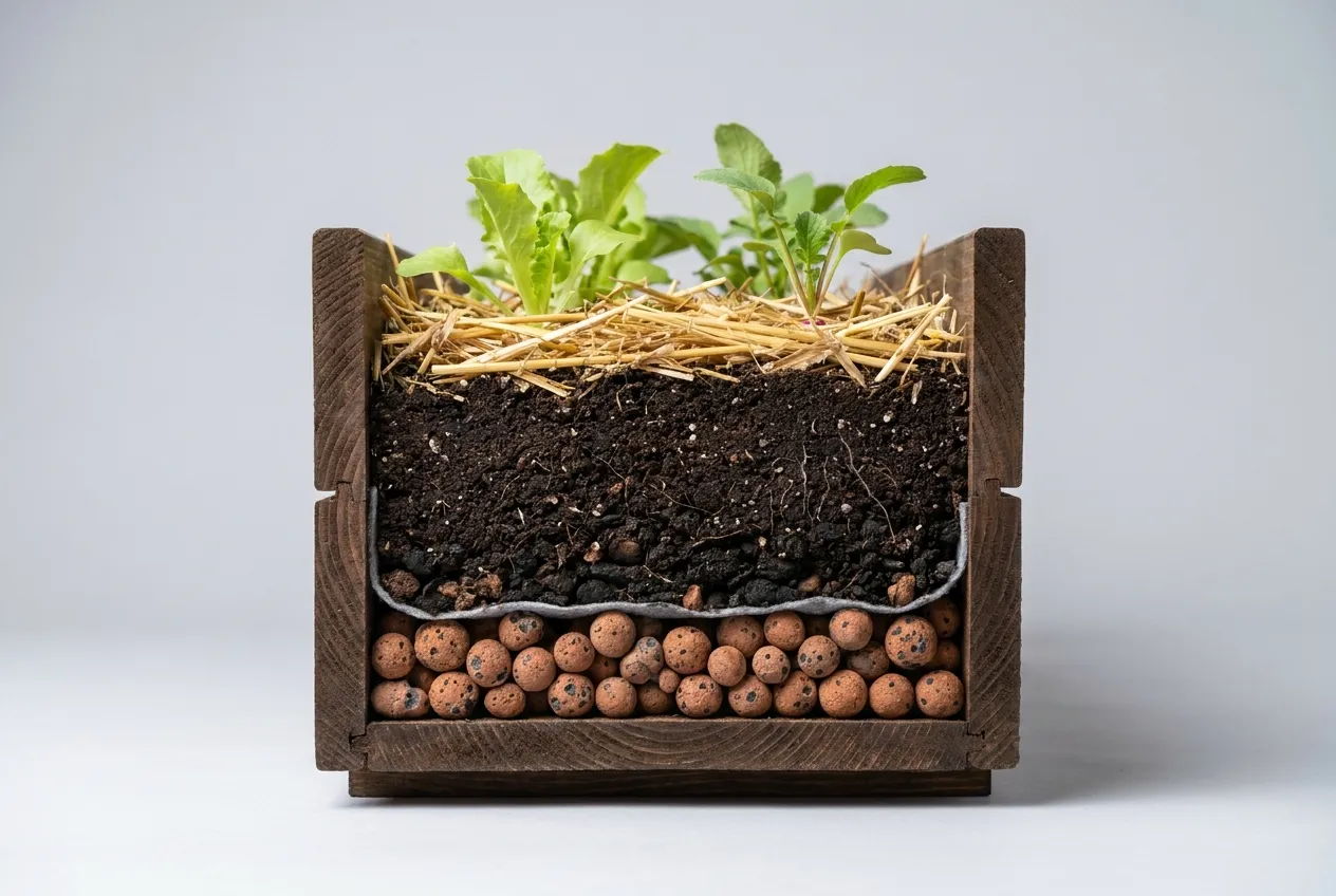 Coupe d'une jardinière potager : billes d'argile, feutre géotextile, mélange terreau-compost et paillage