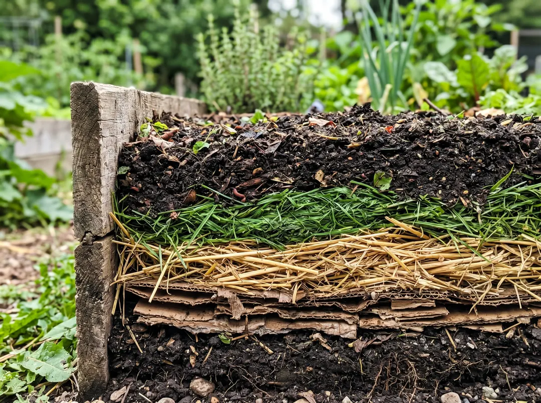 Couches alternées de carton, paille, tontes et compost d'un potager en lasagne