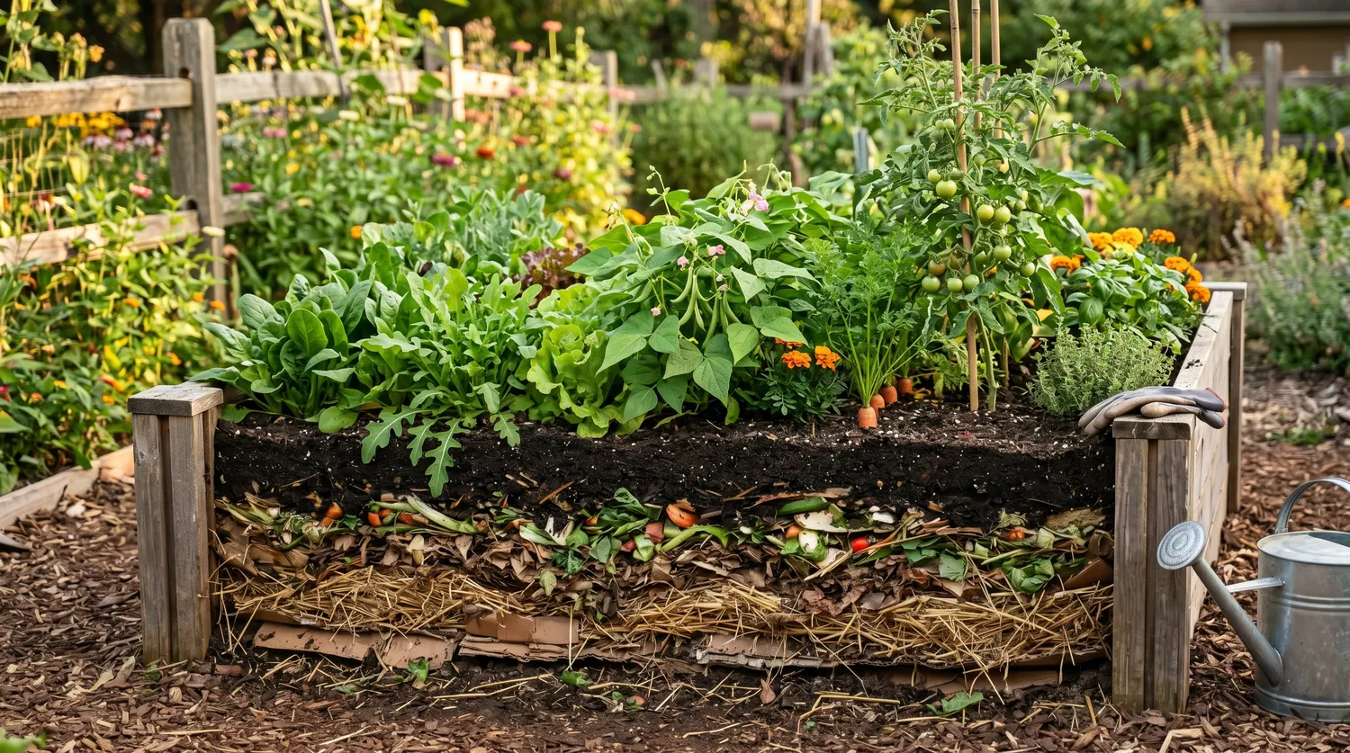 Potager en lasagne dans un carré surélevé, couches de matières organiques visibles