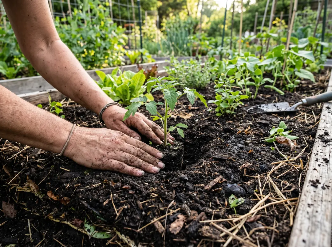 Plantation de jeunes plants dans la couche supérieure d'un potager en lasagne