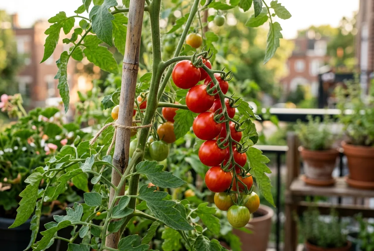 Tomates cerises mûres sur le plant, un légume facile à cultiver en pot comme en pleine terre