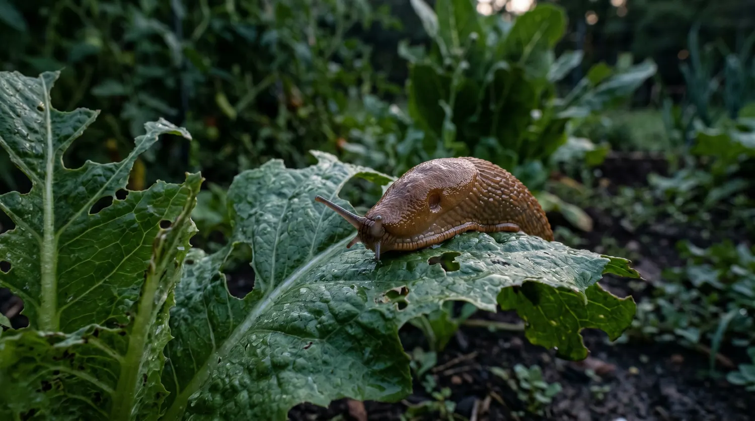 Limace sur une feuille de salade rongée au potager
